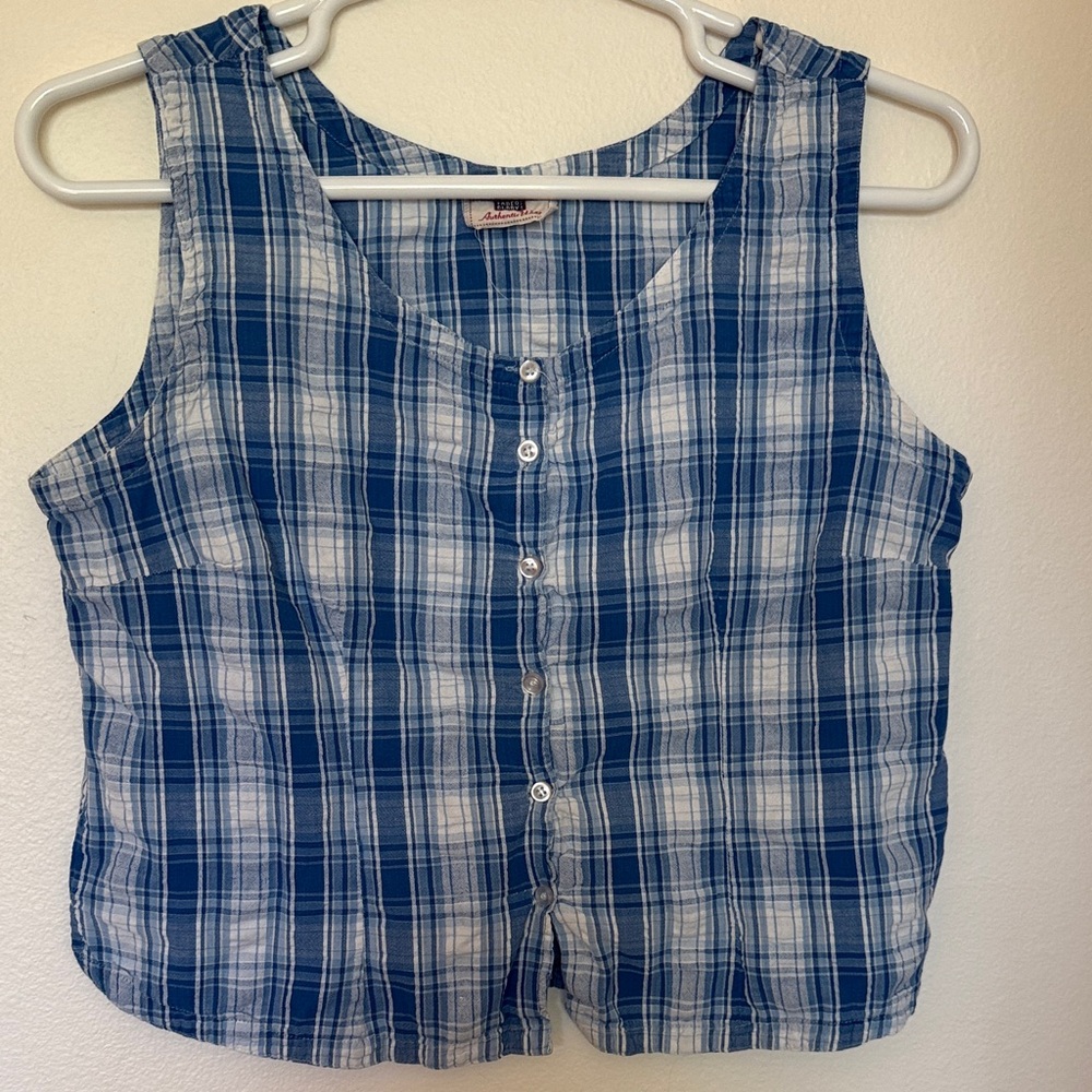 Blue & White Plaid Sleeveless Tank Top